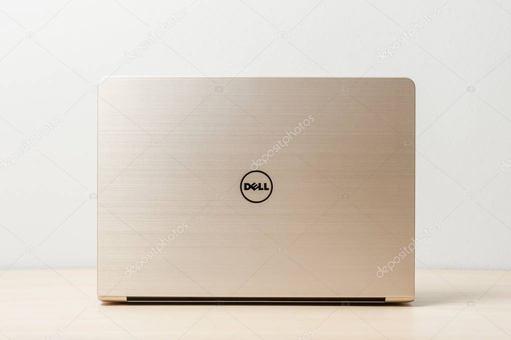BANGKOK, THAILAND - FEBRUARY 02, 2016: Closeup Dell logo on back side of new Dell Vostro 5459 (Gold) notebook.