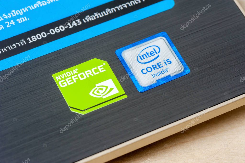 BANGKOK, THAILAND - FEBRUARY 03, 2016: Closeup 6th generation of Intel CORE i5 inside sticker and NVIDIA GeForce sticker on laptop.