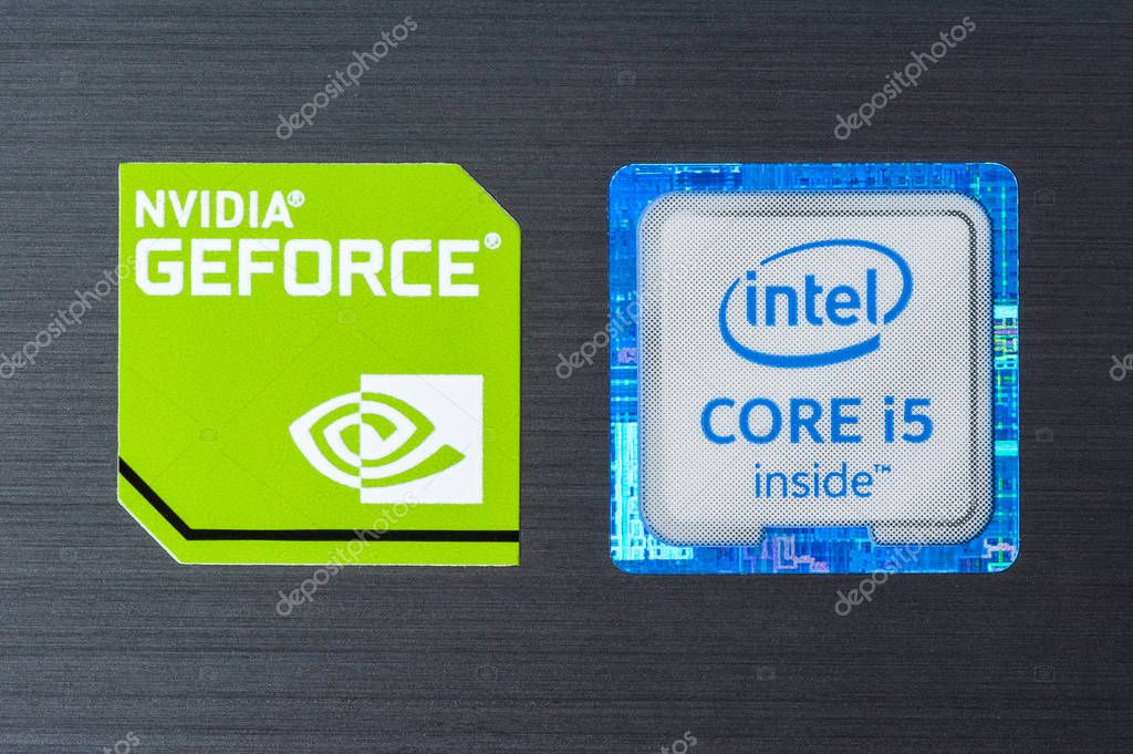 BANGKOK, THAILAND - FEBRUARY 03, 2016: Closeup 6th generation of Intel CORE i5 inside sticker and NVIDIA GeForce sticker on laptop.