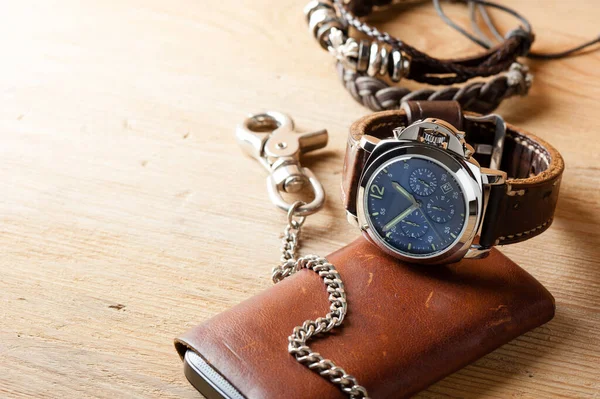 Relógio Moda Luxo Com Mostrador Azul Pulseira Relógio Couro Marrom — Fotografia de Stock