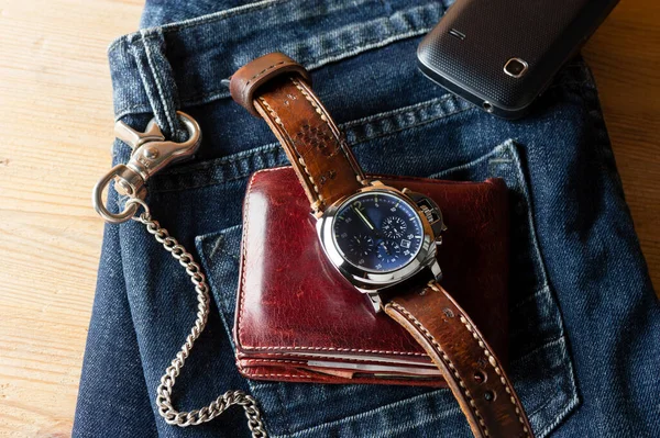 luxury fashion watch with blue dial and brown leather watch band (ammo style watch strap)