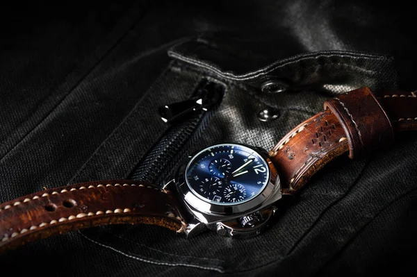 luxury fashion watch with blue dial and brown leather watch band (ammo style watch strap)