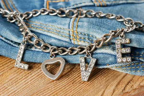 Abstract Word Love Woman Accessory Metal Chain Heart Shaped Diamonds — Stock Photo, Image