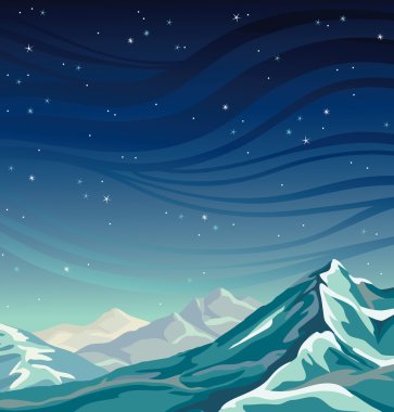 Gece yıldızlı gökyüzü ve dağlar.