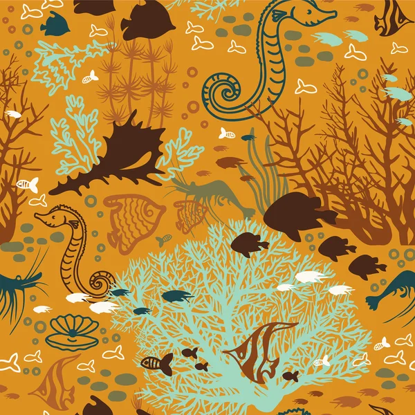 Seamless pattern with coral reef and underwater creatures. — Stock Vector