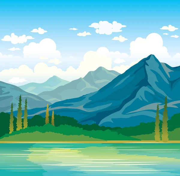Paisaje de verano - montañas, forat, lago . — Vector de stock