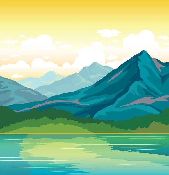 Summer landscape - mountains, forest, lake. — Stock Vector