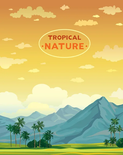 Paesaggio tropicale - montagne e palme . — Vettoriale Stock