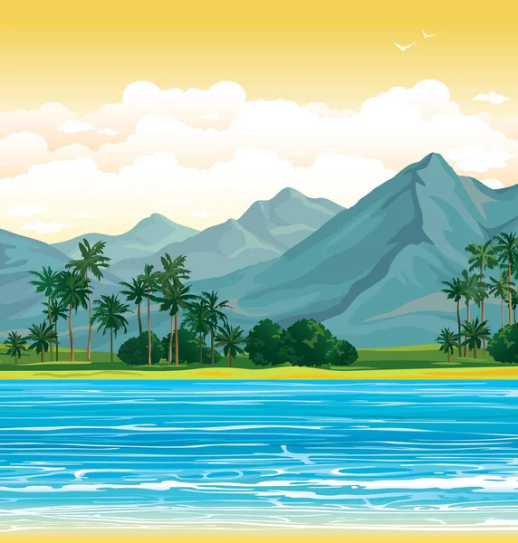Tropical landscape - mountains, palms and sea. — Stock Vector