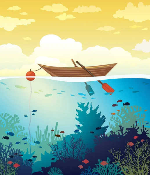 Barco de madeira, céu por do sol e recife de coral subaquático . —  Vetores de Stock