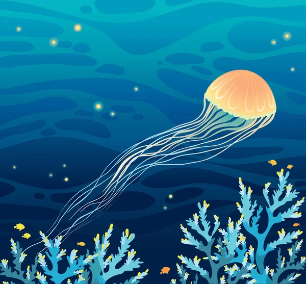 Night seascape - jellyfish and coral reef. — Stock Vector