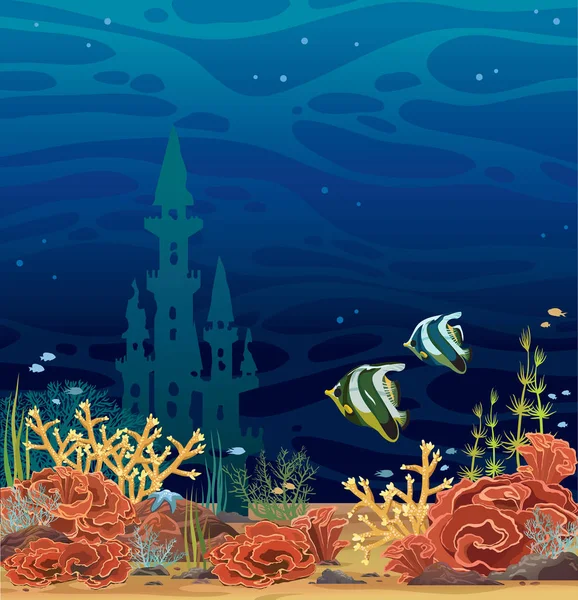 Coral reef, vissen en onderwater kasteel. Nacht zee zeeleven. — Stockvector