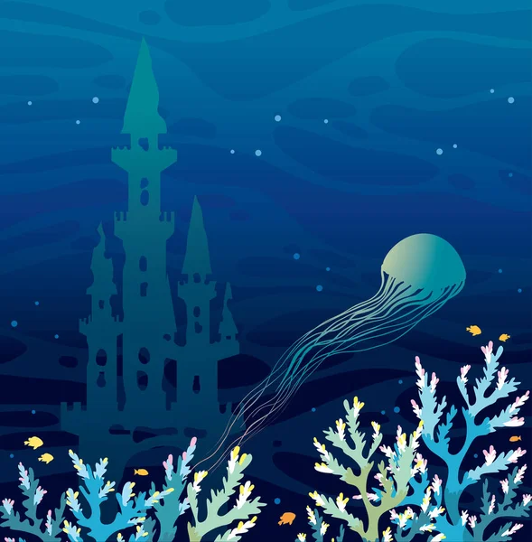 Arrecife de coral, medusas y castillo. Paisaje marino submarino . — Vector de stock