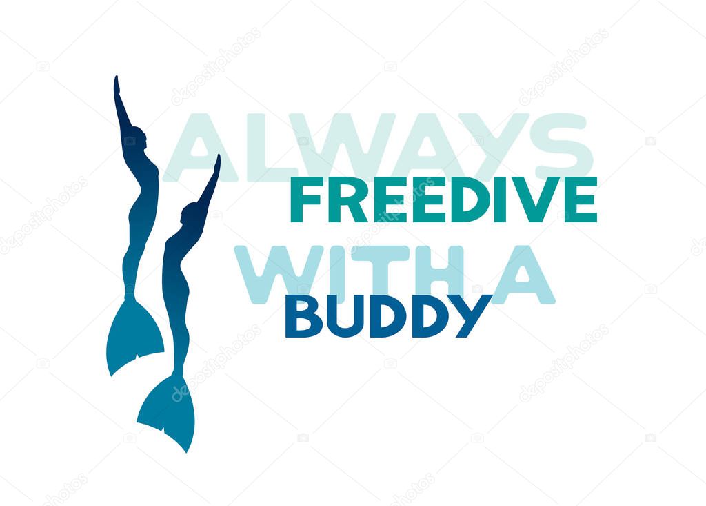 Silhouette of two freedivers in monofins. Always freedive with a buddy. Vector underwater sport logo.