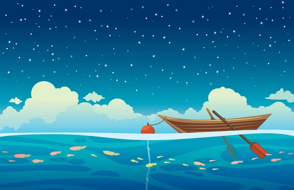 Paisaje marino - barco de madera, mar y cielo nocturno . — Vector de stock