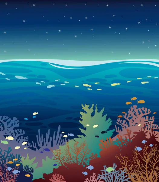 Arrecife de coral con peces y cielo nocturno . — Vector de stock