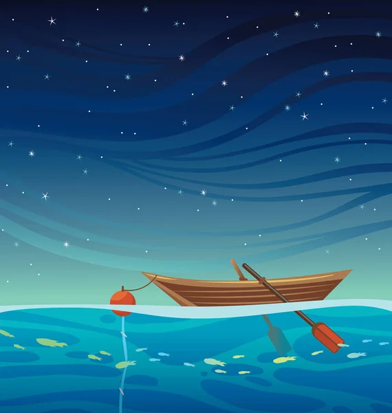 Ξύλινο σκάφος, το μπλε της θάλασσας και το νυχτερινό ουρανό. — Διανυσματικό Αρχείο