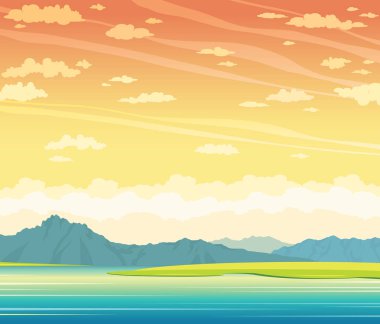 Yaz manzara - göl, dağlar, gökyüzü günbatımı.