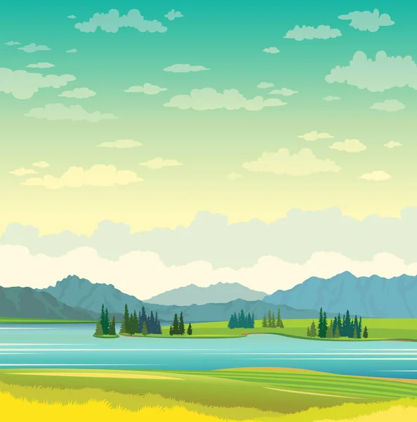 湖、 山脉和天空。夏日风景. — 图库矢量图片