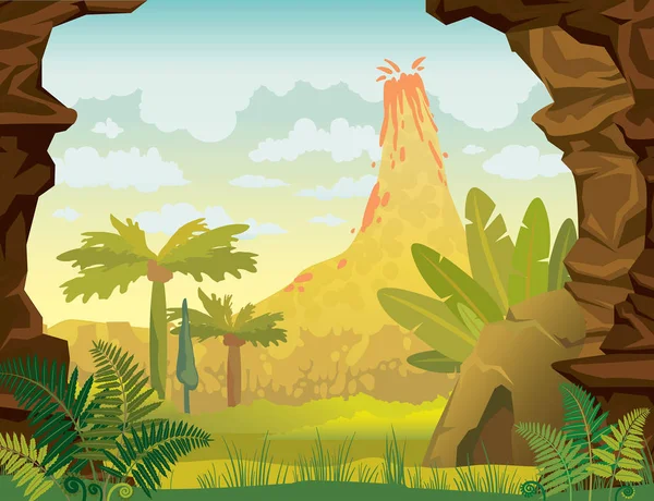 Cartoon förhistoriska landskapet med vulkanen, grottan och väggar av sten. — Stock vektor
