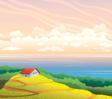 Yaz manzara - ev, alan ve deniz.