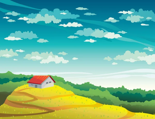 Zomer landschap - huis, veld en bos. — Stockvector