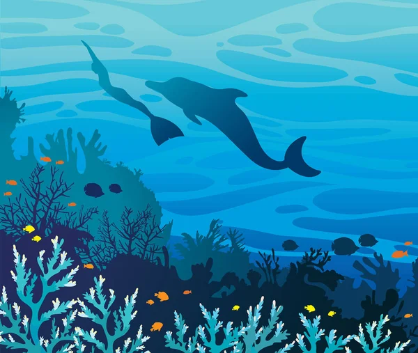 Delfín y libertador. Arrecife de coral y mar . — Vector de stock
