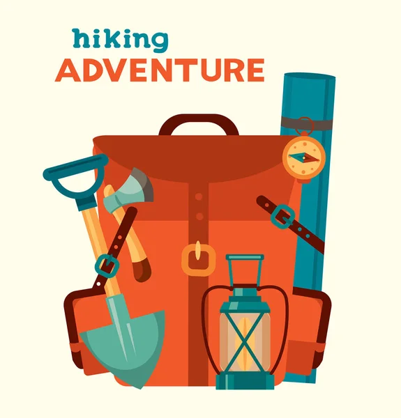 Macera hiking. Kırmızı kamp sırt çantası. — Stok Vektör