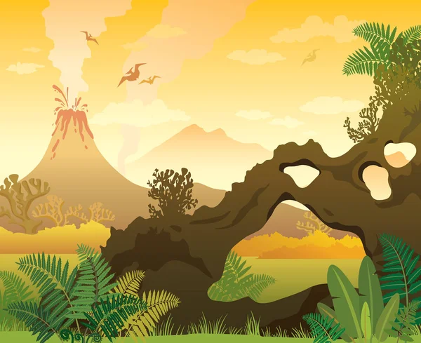 Paisaje prehistórico. Arco, volcán y helecho Ilustración De Stock