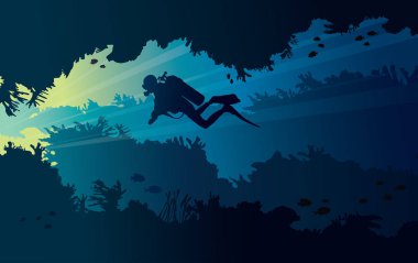 Sualtı mağara ve scuba diver.