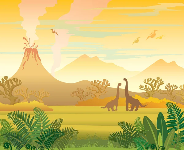 Paisaje prehistórico. Volcán, dinosaurios y helechos . — Vector de stock