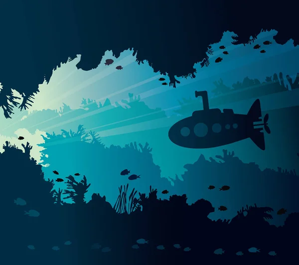 Морський пейзаж з підводними човнами, кораловим рифом і підводною печерою . — стоковий вектор