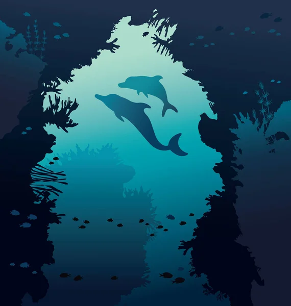 Delfini, arco naturale, barriera corallina e pesci . — Vettoriale Stock