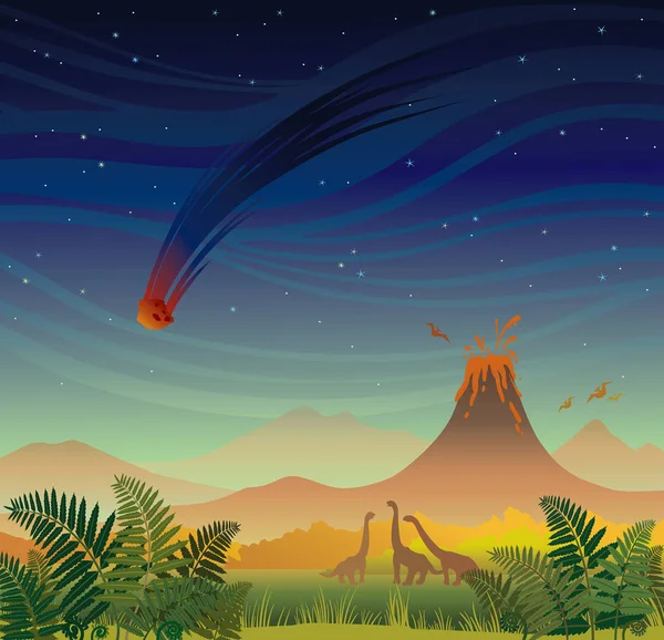 Peisaj preistoric. Vulcan, dinozauri și meteorit . — Vector de stoc