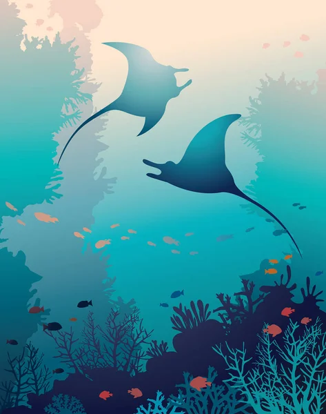Two mantas and coral reef. — Stock Vector