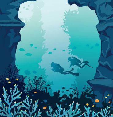 Tüplü dalgıçlar, mercan, taş duvarlar ve mavi deniz.