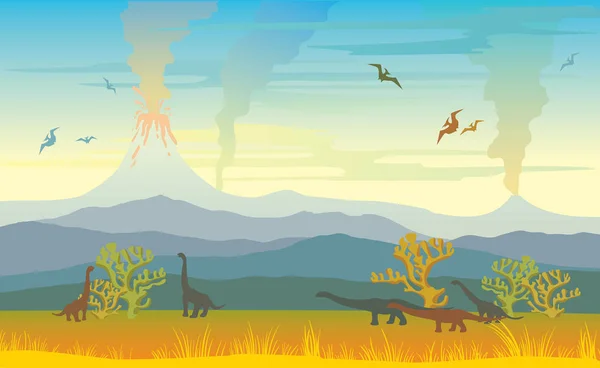 Volkanlar ve dinozorlar, tarih öncesi yatay. — Stok Vektör