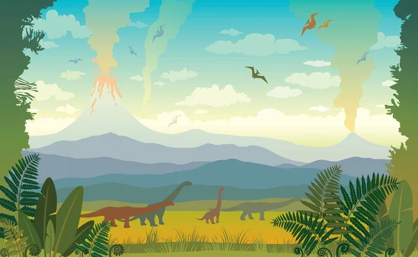 Animales prehistóricos y paisaje. Silueta de dinos . — Vector de stock