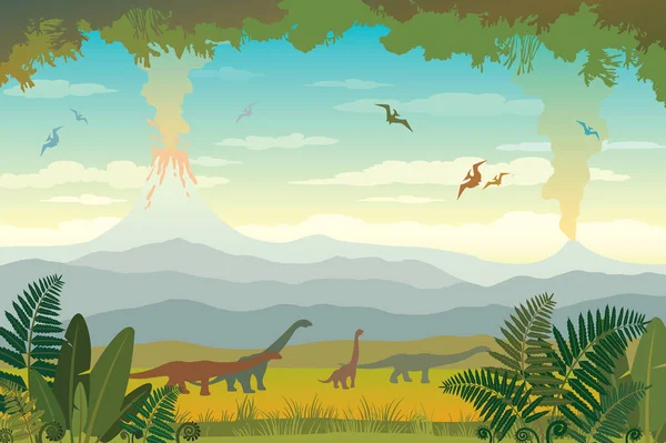 Prehistorische dieren en landschap. Silhouet van Dino 's. — Stockvector