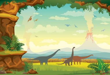 Dinozorlar, volkan ve fern, tarih öncesi yatay.