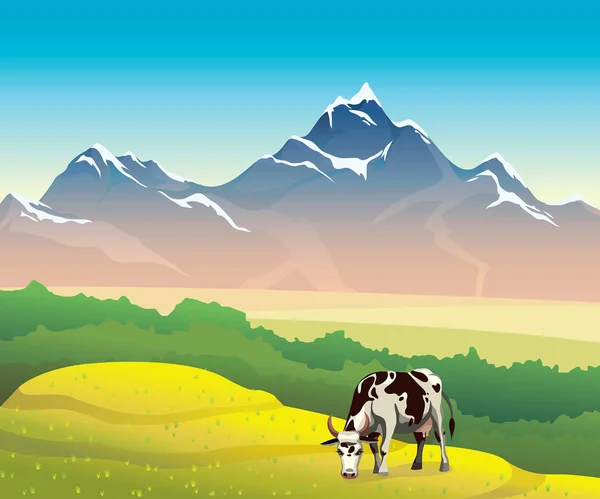 Cow and mountain landscape. Summer vector. — Stock Vector