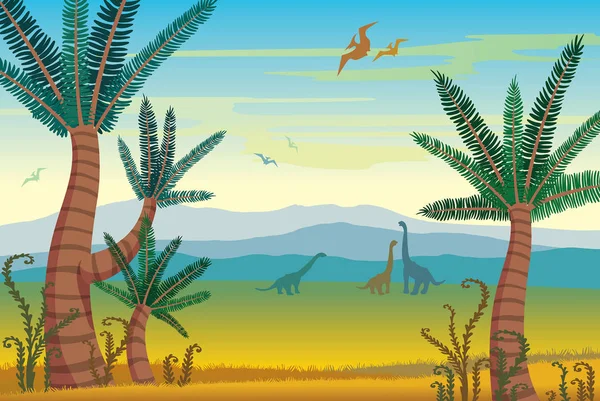 Доисторический пейзаж с динозаврами, горами и растениями . — стоковый вектор