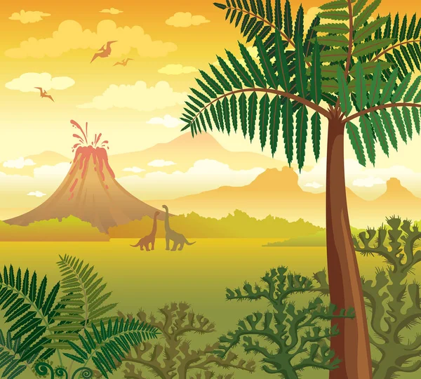 Paisaje prehistórico con dinosaurios, volcán y plantas . — Vector de stock