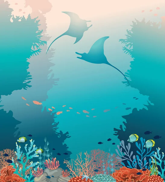 Twee pijlstaartroggen, koraal rif en zee. Onderwater vector. — Stockvector