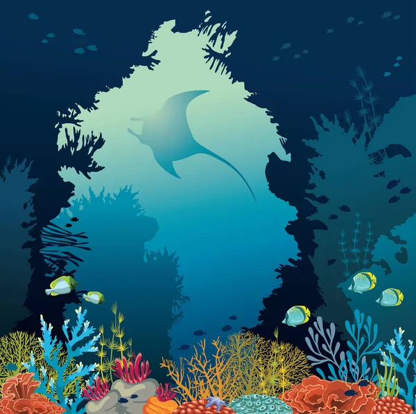 Coral reef and manta. Underwater vector. — Stock Vector