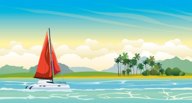 Kırmızı yelken, deniz ve tropikal peyzaj ile yat.