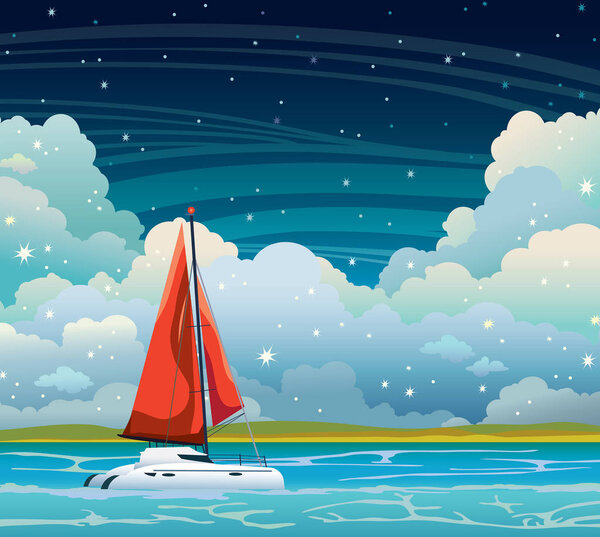 Yacht, sea, clouds and night sky. Summer landscape.