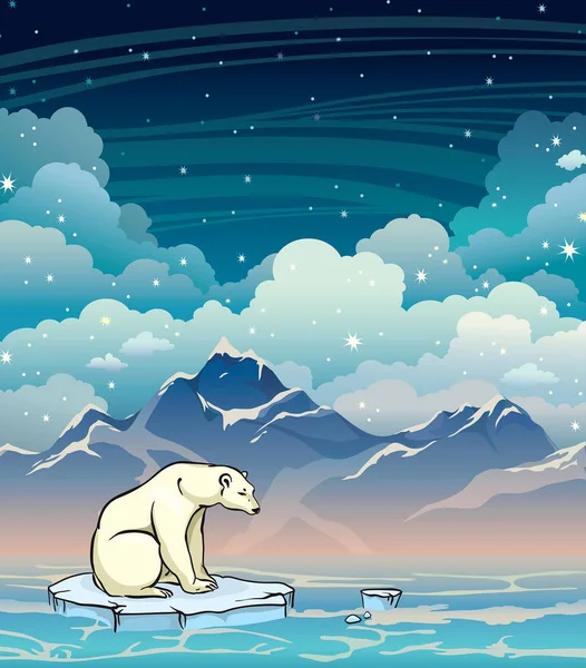 Oso polar, mar, montaña y cielo nocturno . — Vector de stock