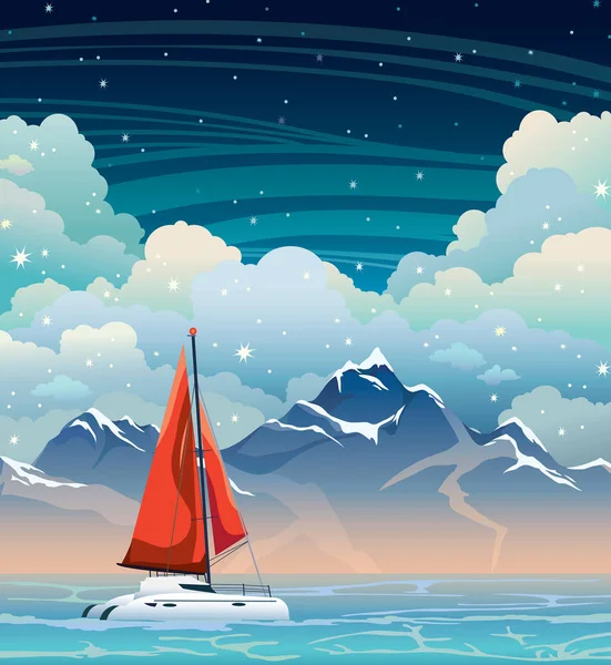 Yacht, mer, montagne et ciel nocturne. Paysage d'été . — Image vectorielle