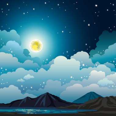 Yaz gece manzarası - dolunay, dağ, göl.